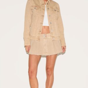 Sand Washed Corduroy Denim Mid Rise Pleated Mini Skirt