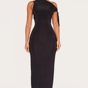 Petite Black Slinky Knot Detail Maxi Dress