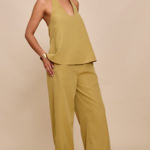 Sand Tailored Wide Leg Drawstring Trousers