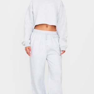 PRETTYLITTLETHING Ash Grey Badge Detail Mid Rise Wide Leg Joggers