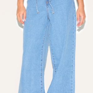 Petite Mid Blue Wash Low Rise Tie Waistband Wide Leg Jeans