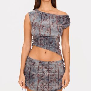Charcoal Devore Tie Detail Off The Shoulder Top