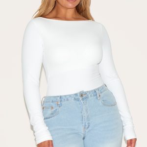 Shape White Built In Bra Sculpt Boat Neck Long Sleeve Bodysuit