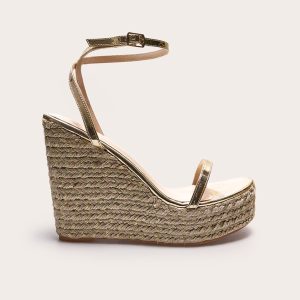 Gold PU Metallic Strap Espadrille High Heeled Wedges