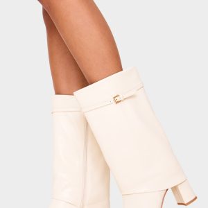 Cream PU Point Toe Buckle Detail Block Heel Calf High Boots