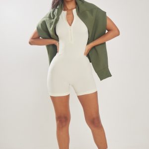Petite Cream Contour Rib Zip Up Front Unitard