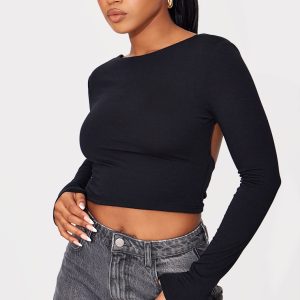 Black Contour Jersey Buckle Detail Backless Long Sleeve Top