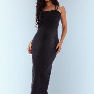 Petite Washed Black Denim Strappy Cup Detail Midaxi Dress