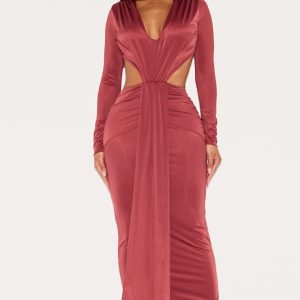 Shape Burgundy Deep Plunge Open Back Maxi Dress