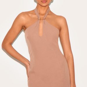 Beige Woven Trim Detail Mini Dress