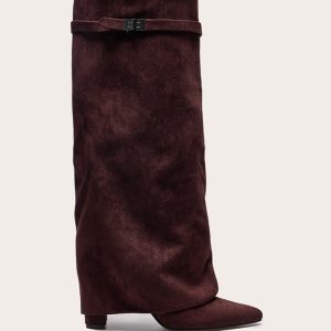 Chocolate Faux Suede Point Toe Fold Over Knee Block Heeled Boots