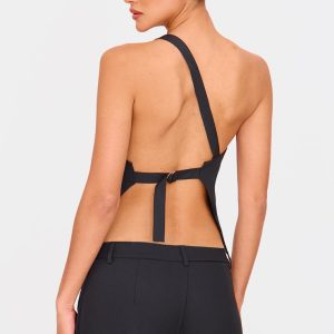 Black Woven Tailored One Shoulder Long Top
