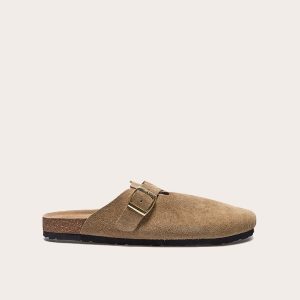 Taupe Real Suede Leather Round Toe Buckle Slip On Clog