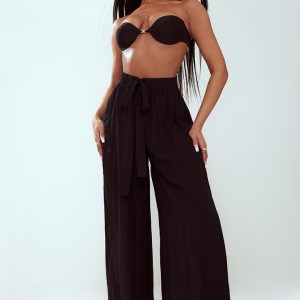 Black Linen Look Palazzo Beach Trousers