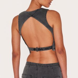 Washed Black Raw Hem Cut Out Back Denim Waistcoat
