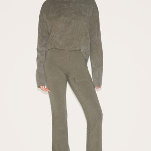 PRETTYLITTLETHING Olive Embossed Logo Washed Skinny Flare Trouser