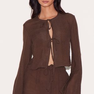 Brown Tie Front Detail Linen Look Beach Top